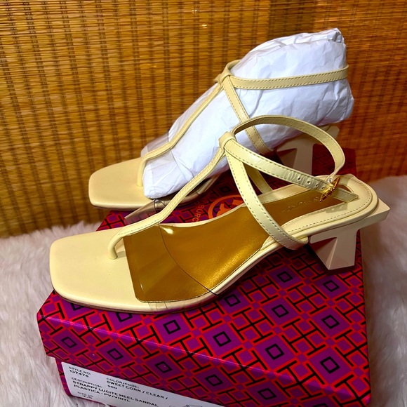Tory Burch BLOCK T HEEL STRAPPY SANDAL Pale Yellow Size 7.5 (New in Box) $328 - Picture 5 of 11